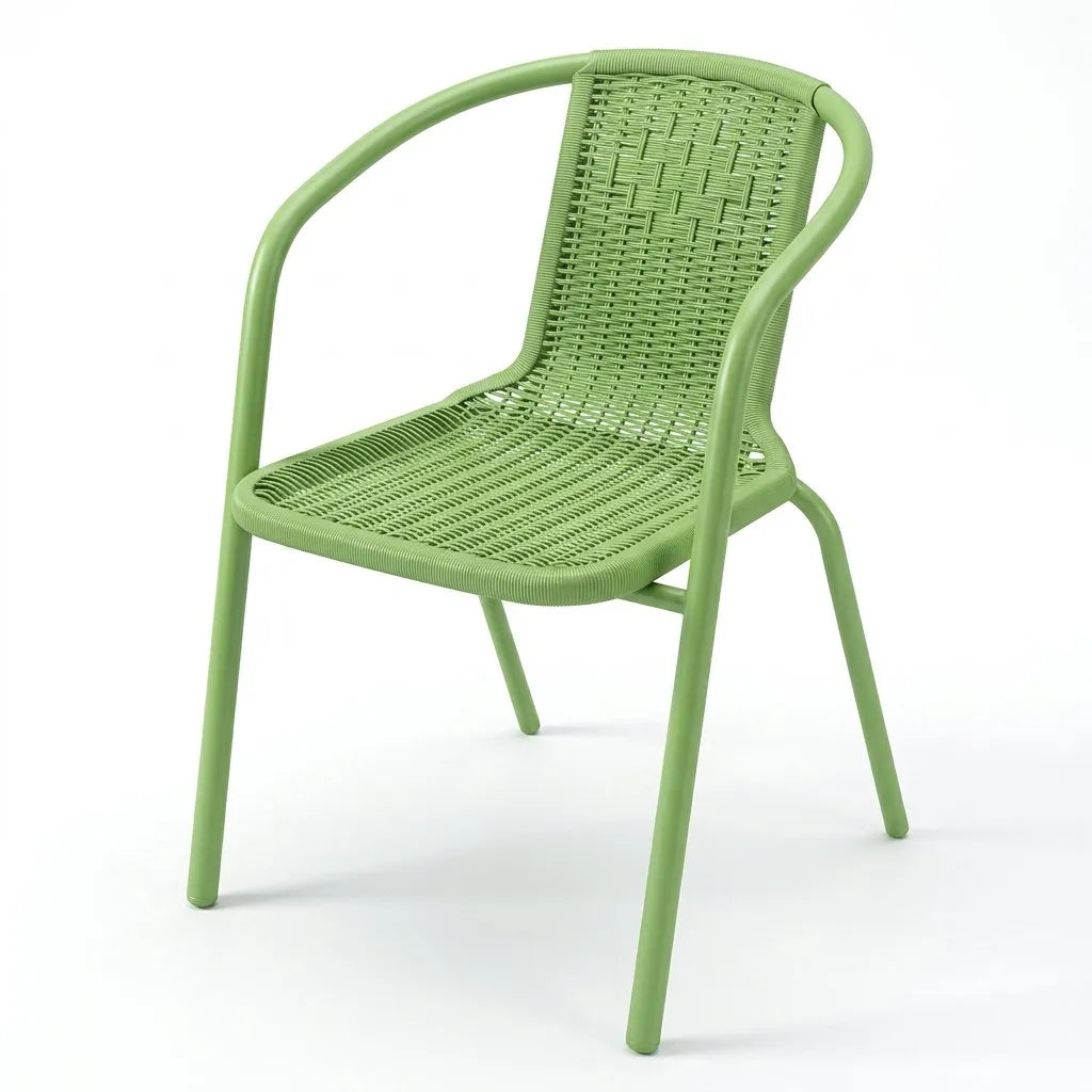 Fauteuil de jardin vert en résine tressée, pieds et structure en métal