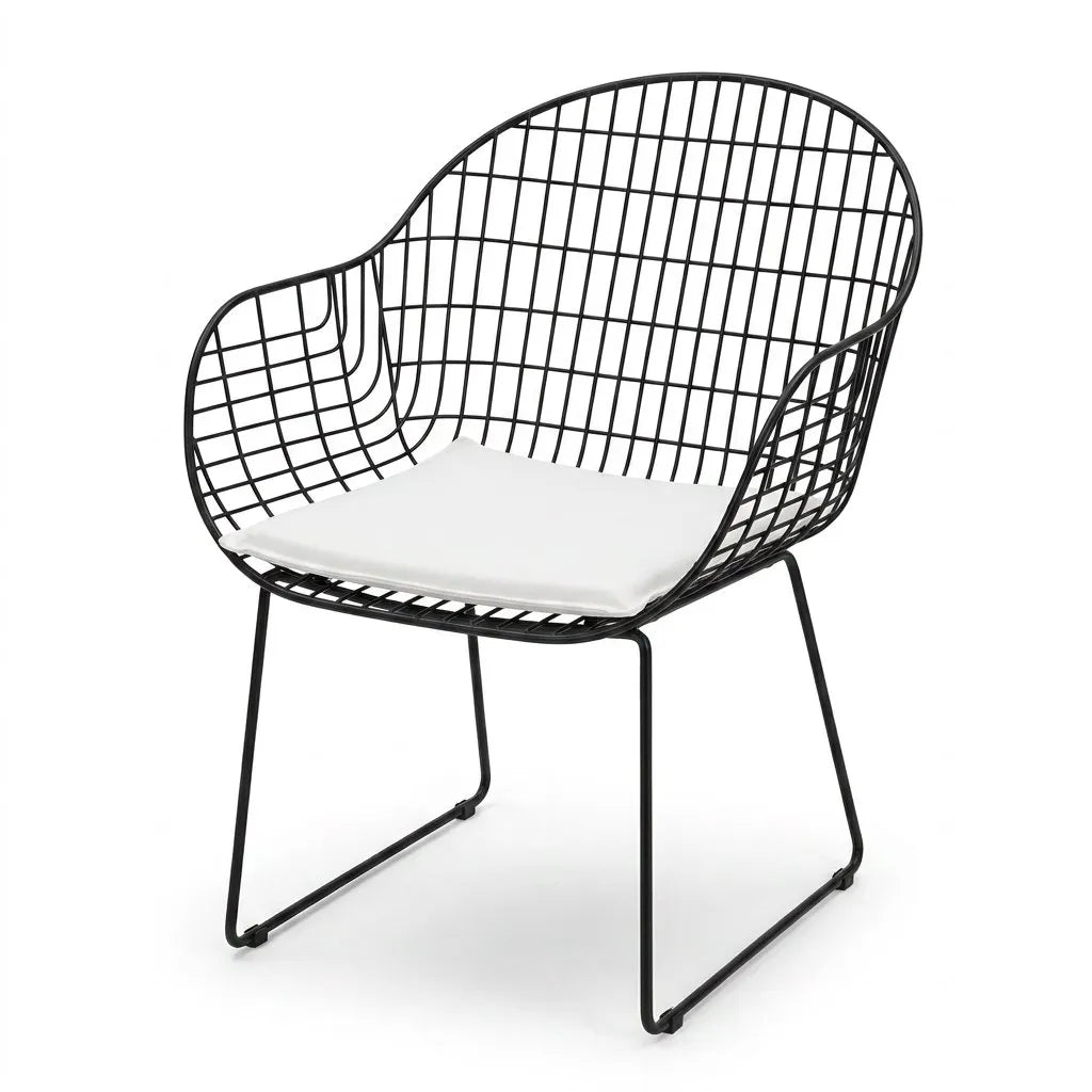 Fauteuil de jardin à bascule pliable, structure métal noire, coussin blanc, vue de face.