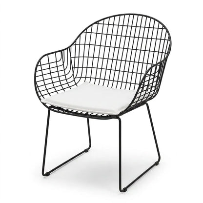 Fauteuil de jardin à bascule pliable, structure métal noire, coussin blanc, vue de face.