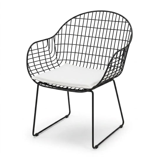 Fauteuil de jardin à bascule pliable, structure métal noire, coussin blanc, vue de face.