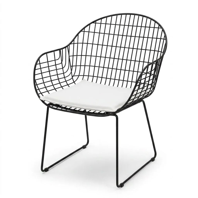 Fauteuil de jardin à bascule pliable, structure métal noire, coussin blanc, vue de face.