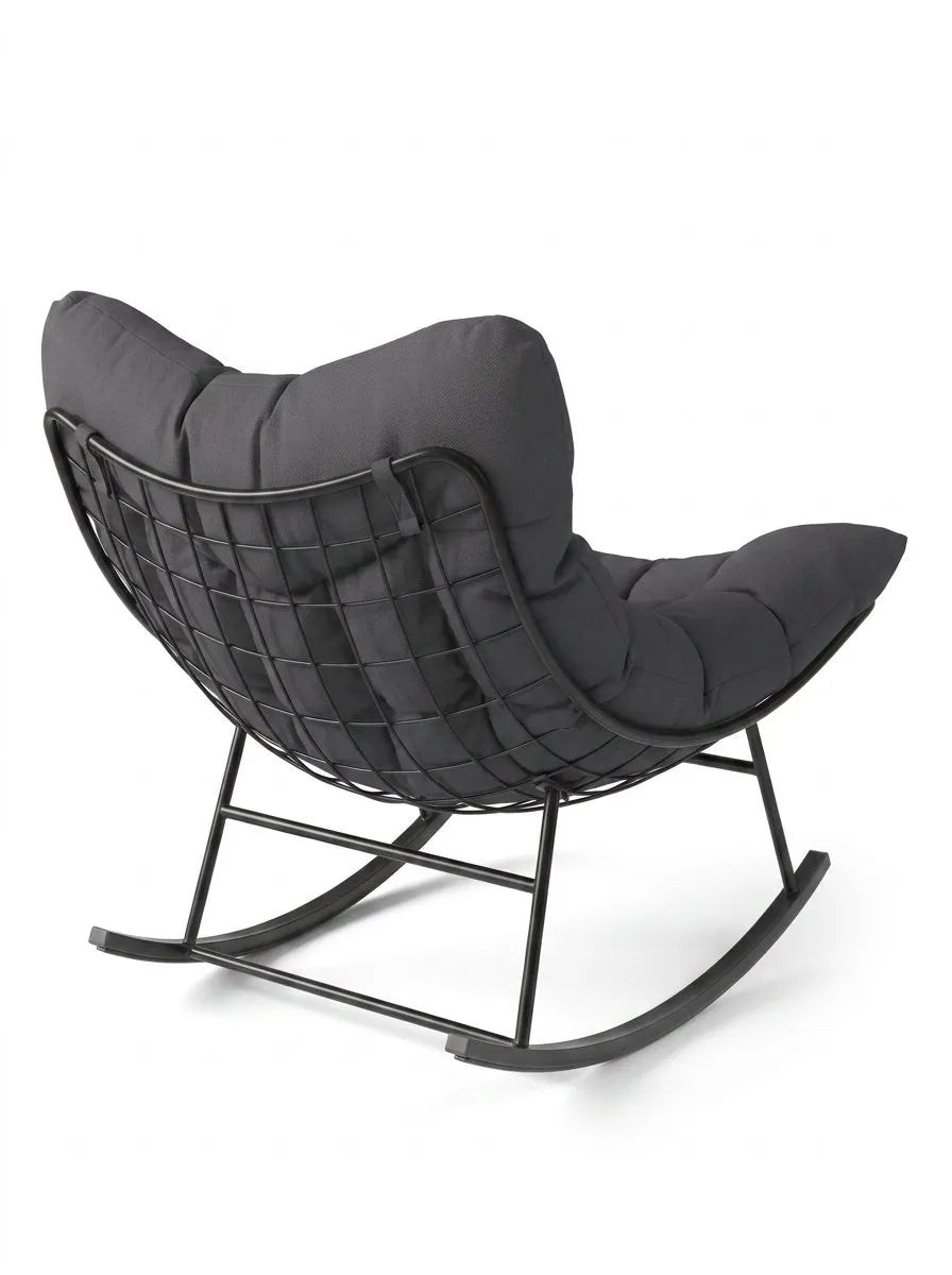 Fauteuil œuf XL sombre pivotant, coussin matelassé et repose-pieds, structure noire.