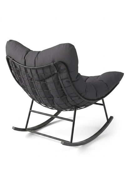 Fauteuil œuf XL sombre pivotant, coussin matelassé et repose-pieds, structure noire.