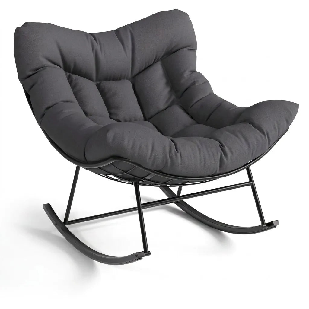 Fauteuil œuf XL sombre pivotant, coussin gris et repose-pieds, piètement noir.