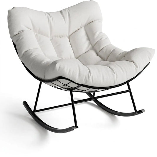 Fauteuil œuf XL pivotant, coussin blanc et repose-pieds, piètement noir.
