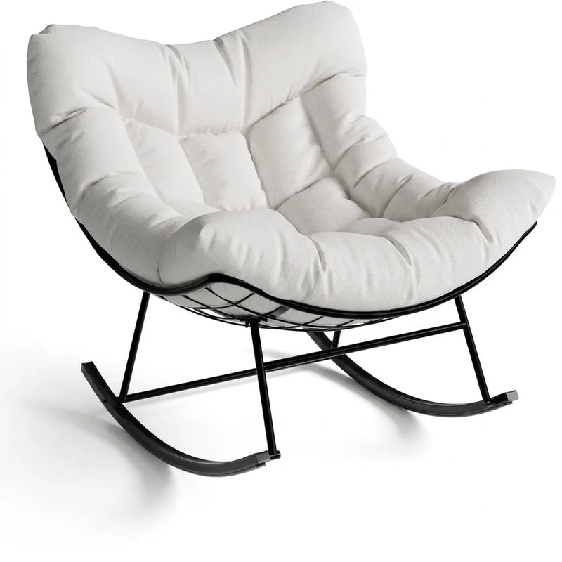 Fauteuil œuf XL pivotant, coussin blanc et repose-pieds, piètement noir.