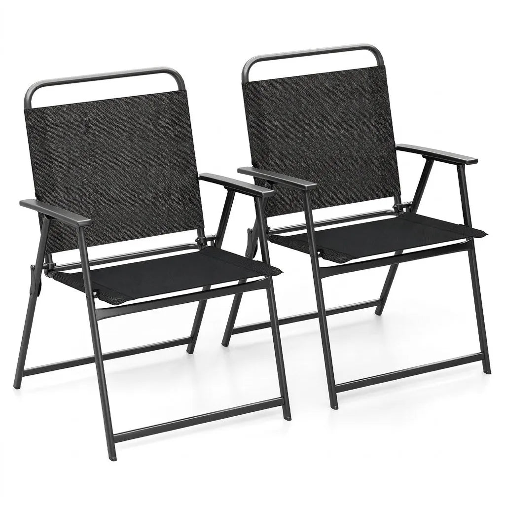 Deux fauteuils pliants noirs avec accoudoirs et dossier en maille texturée, style balcon