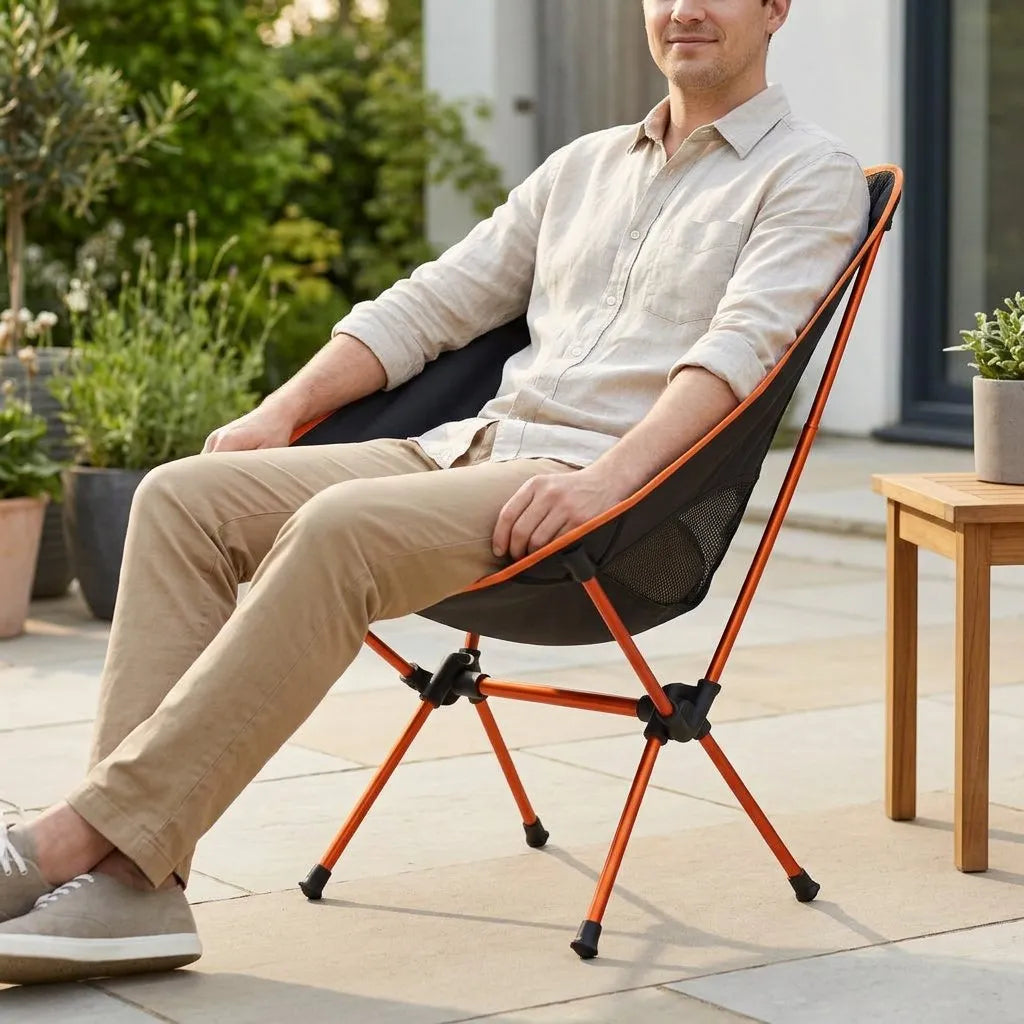 Fauteuil pliant orange, dossier en mesh noir, cadre fin et pieds articulés pour extérieur.