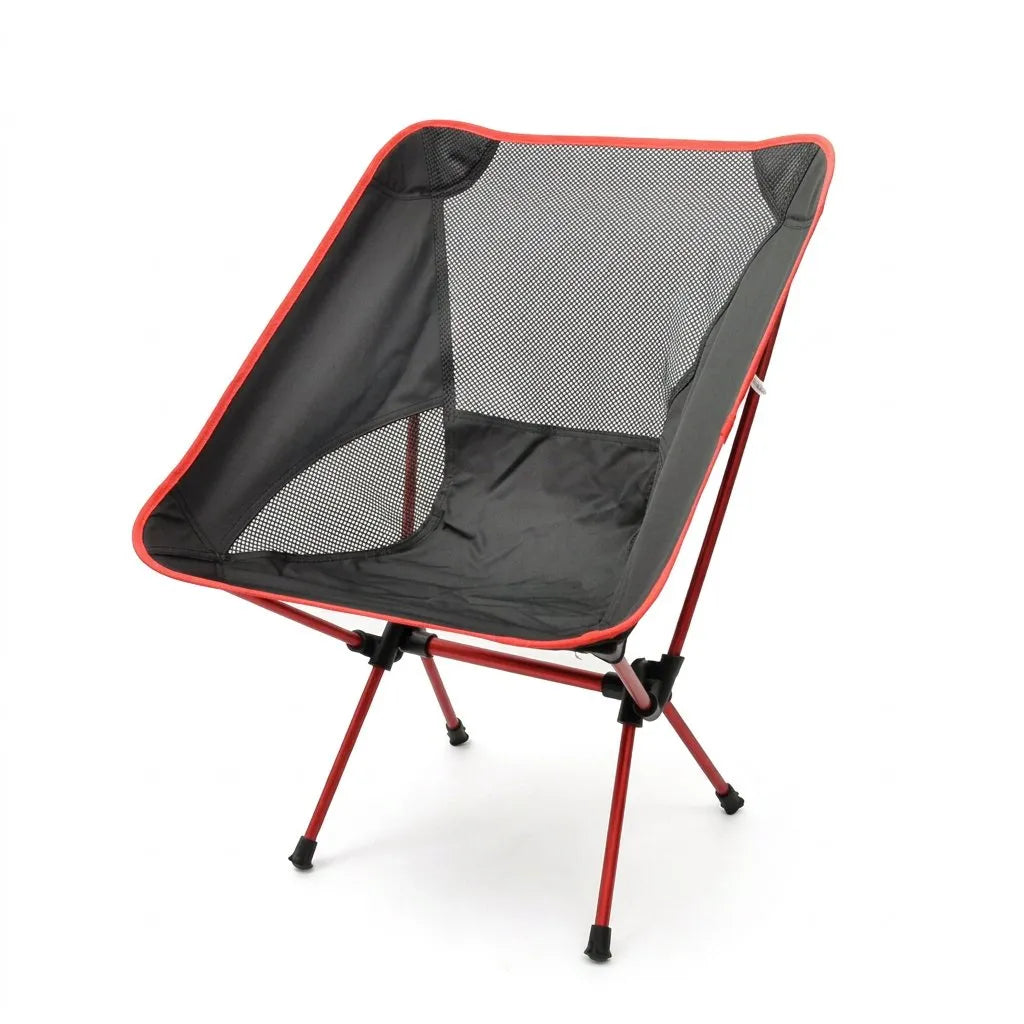 Fauteuil de jardin pliant rouge, toile noire avec empiècements mesh gris, structure stable.