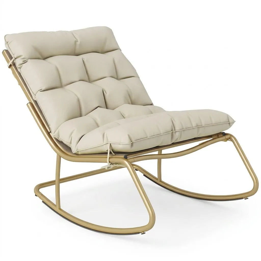 Fauteuil de jardin à bascule, coussins beiges, accoudoirs et acier doré
