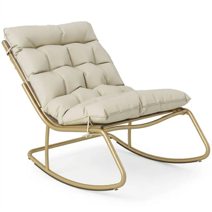 Fauteuil de jardin à bascule, coussins beiges, accoudoirs et acier doré