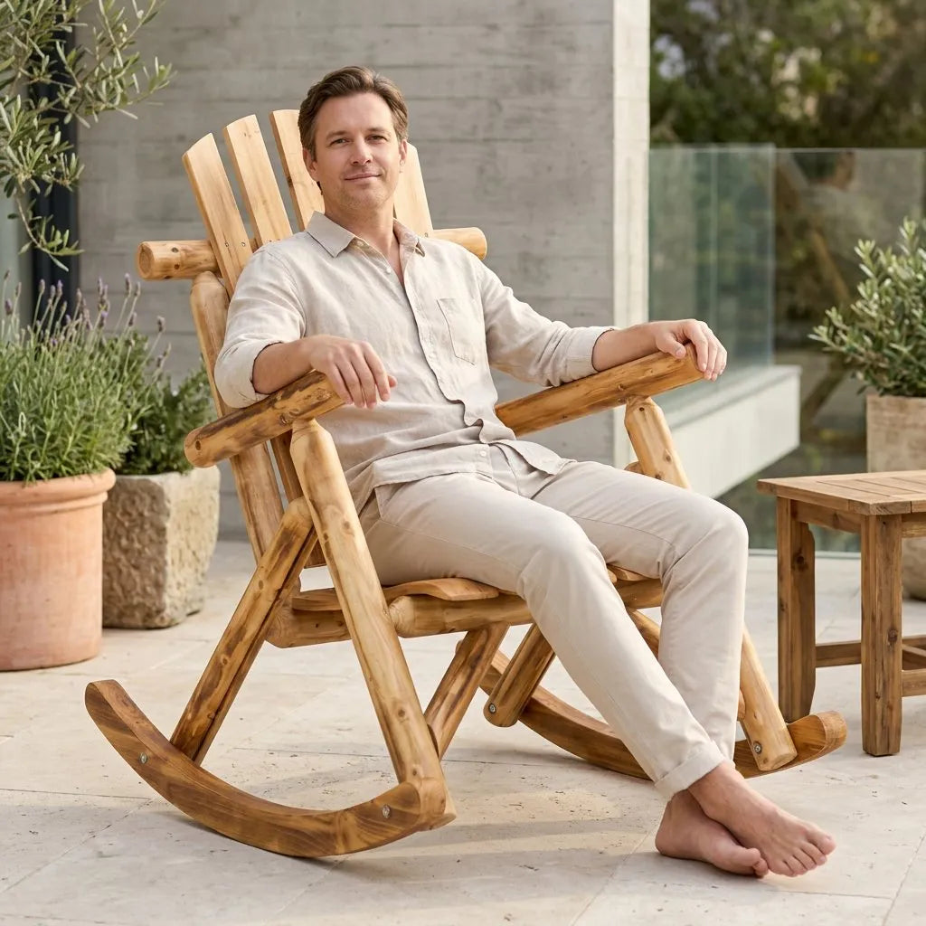 Fauteuil de jardin à bascule en bois clair, dossier haut, structure en bois massif