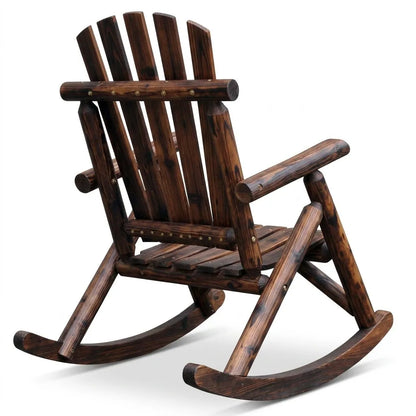 Fauteuil de jardin à bascule en bois foncé, dossier à lattes, patins arrondis
