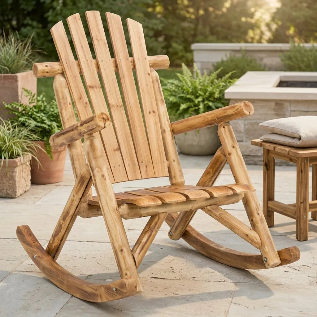 Fauteuil de jardin à bascule en bois clair, dossier à lattes, accoudoirs arrondis