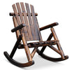 Fauteuil de jardin à bascule en bois foncé, dossier à lattes verticales, patins de bascule