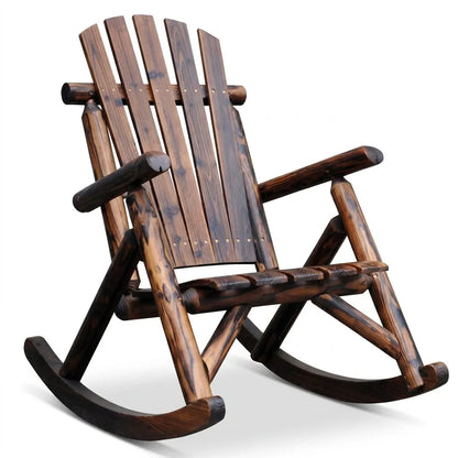 Fauteuil de jardin à bascule en bois foncé, dossier à lattes verticales, patins de bascule
