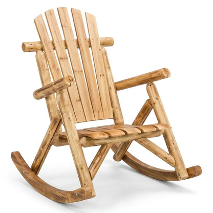 Fauteuil de jardin à bascule en bois clair, assise et dossier à lattes, grande bascule