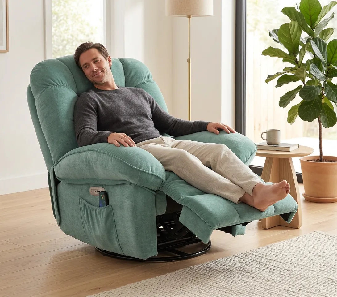 Fauteuil vert émeraude avec ports USB, repose-pieds pour s’allonger