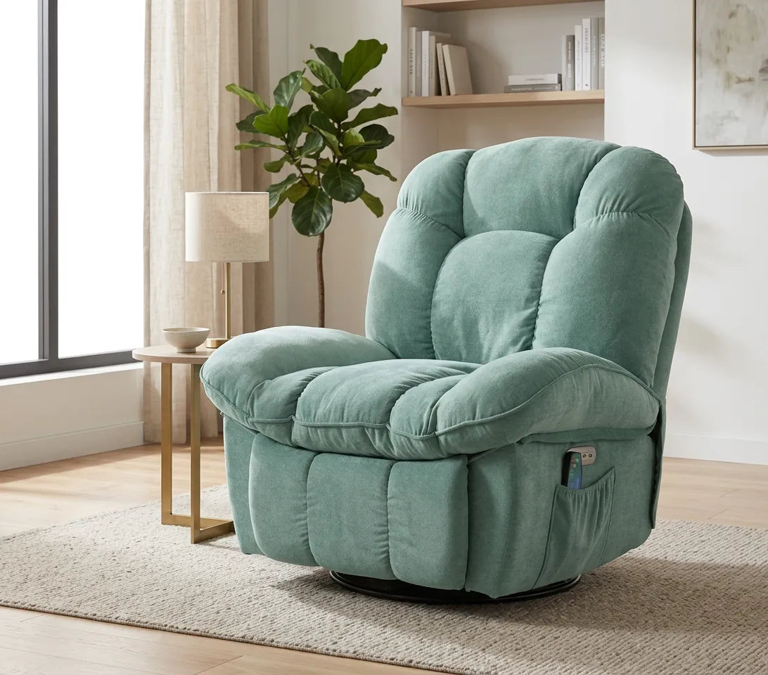 Fauteuil rembourré vert émeraude, dossier haut et assise profonde, ports USB