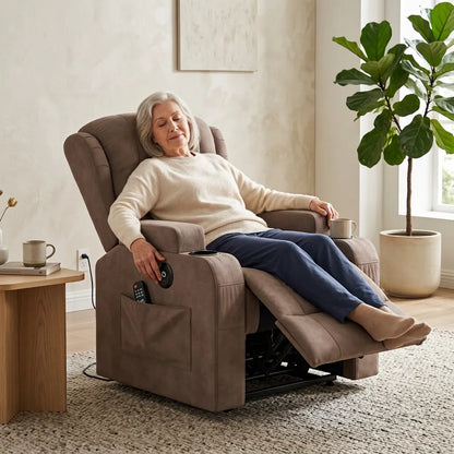 Fauteuil électrique de massage taupe, position inclinée avec repose-pieds, manette