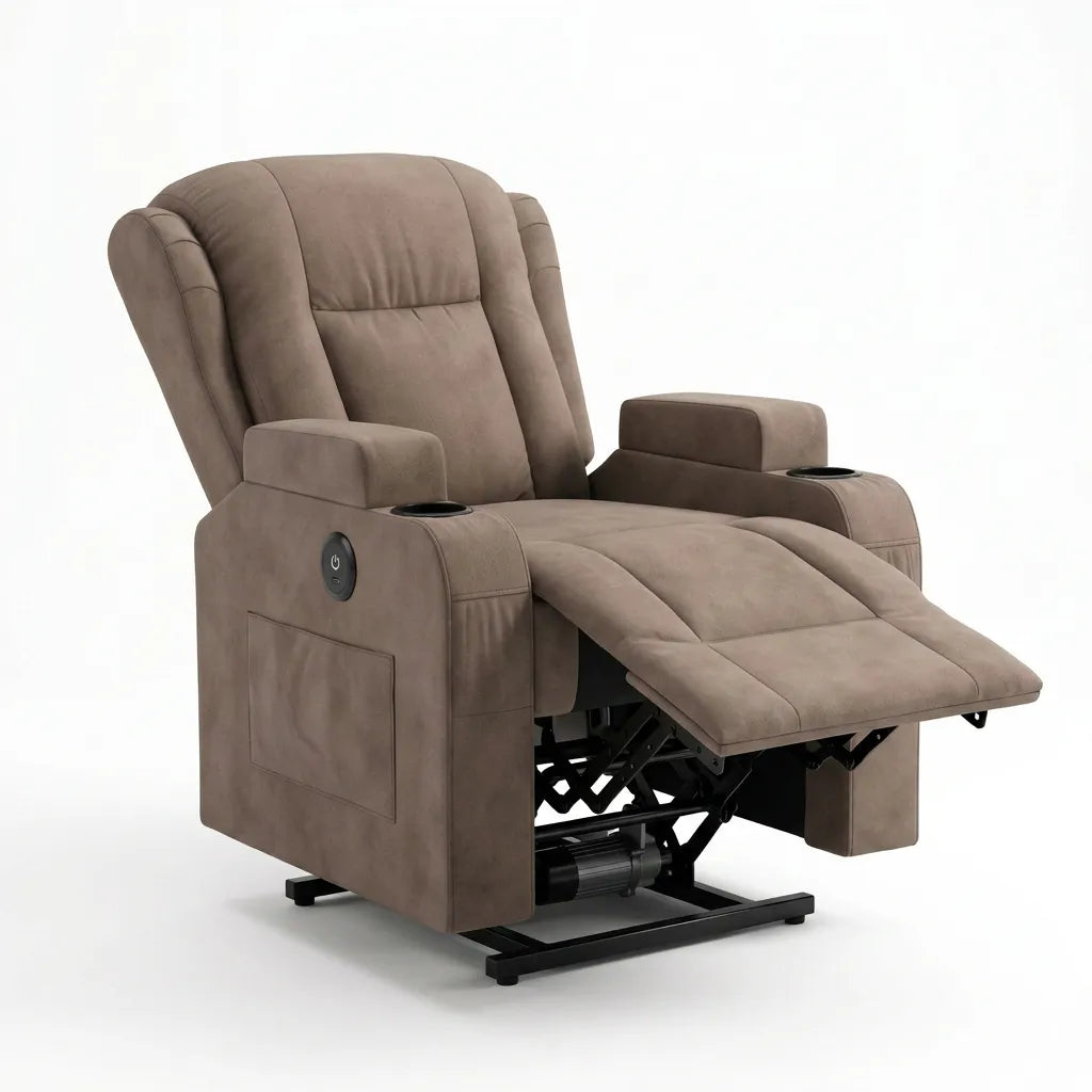 Fauteuil électrique de massage taupe, repose-pieds déployé, piétement noir