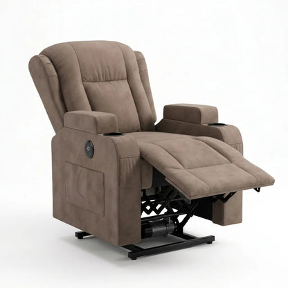 Fauteuil électrique de massage taupe, repose-pieds déployé, piétement noir