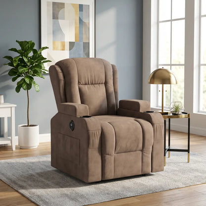 Fauteuil électrique de massage taupe, dossier haut capitonné, accoudoirs avec commande