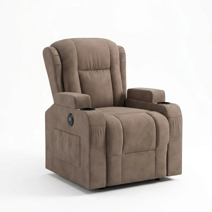 Fauteuil électrique de massage taupe, dossier capitonné, panneau latéral