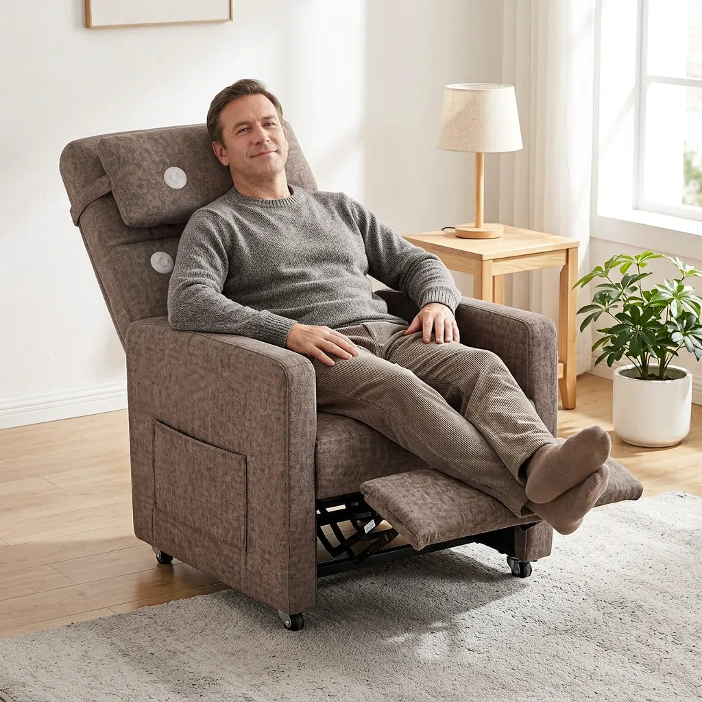 Fauteuil électrique en lin brun, homme assis, dossier incliné et repose-jambes sortis