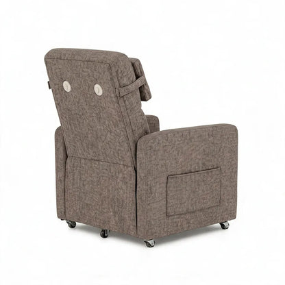 Fauteuil électrique en lin brun, dossier relevable et repose-jambes, roulettes