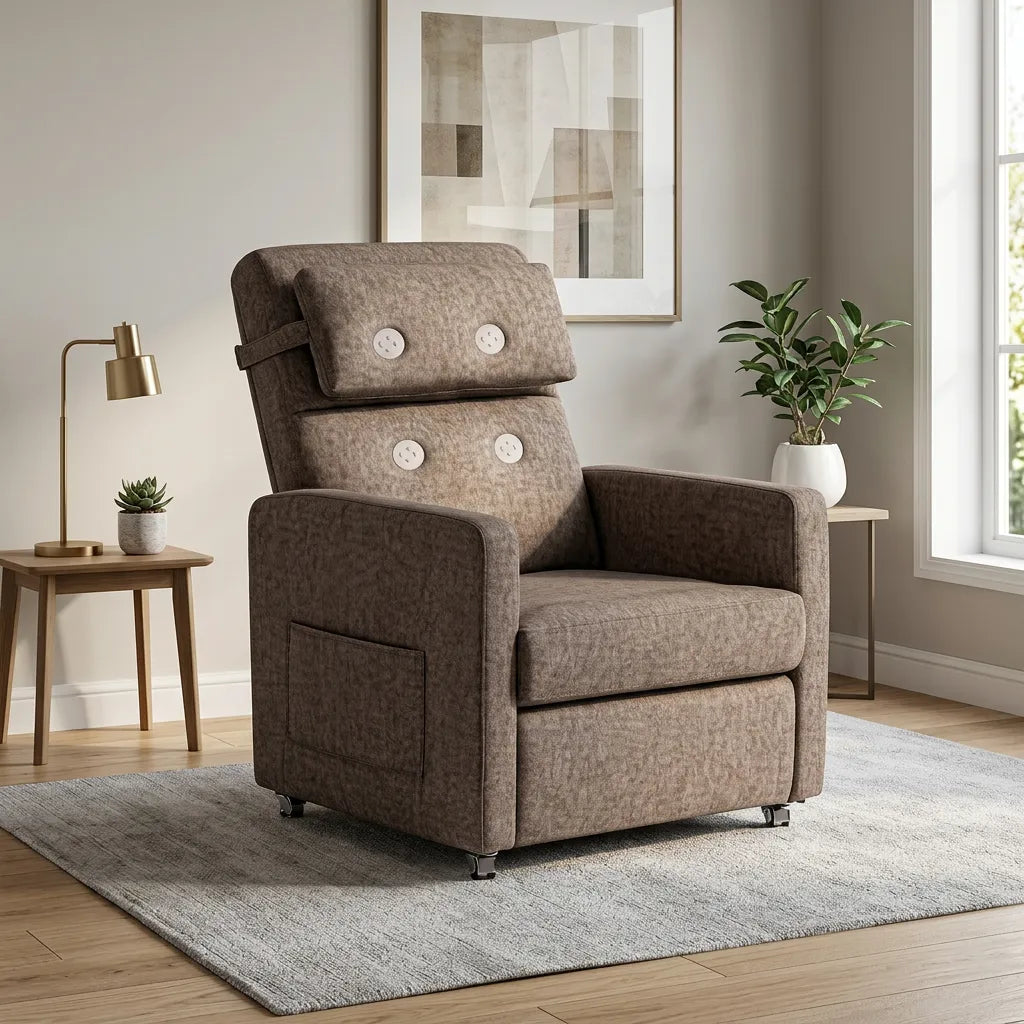 Fauteuil électrique en lin brun avec panneaux de commande ronds sur le dossier