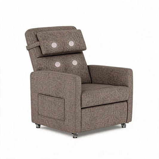 Fauteuil électrique en lin brun, vue de côté, accoudoirs rembourrés, roulettes