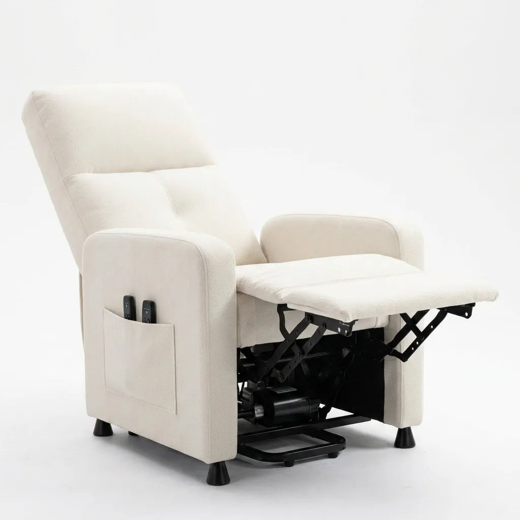Fauteuil électrique beige en tissu aspect lin, vue du mécanisme et repose-pieds déployé