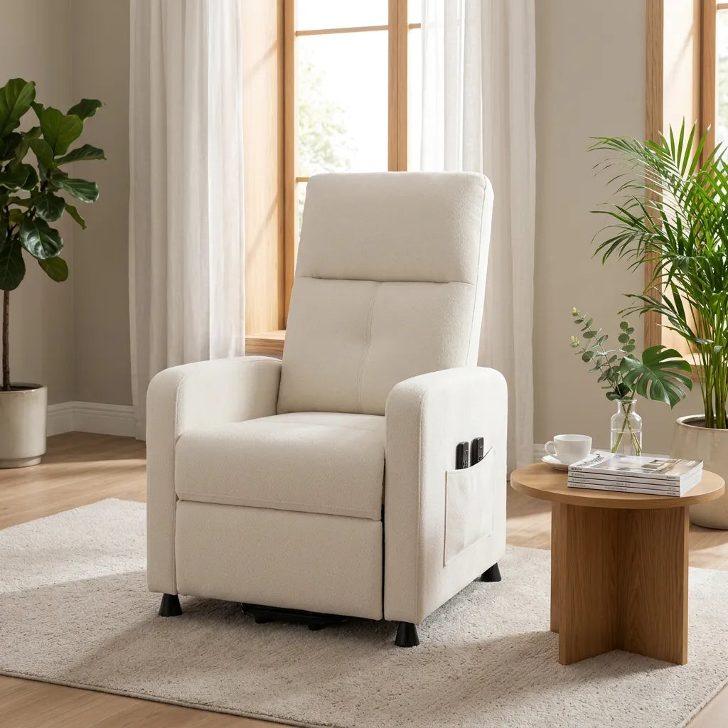 Fauteuil électrique en tissu beige aspect lin, dossier haut et repose-pieds relevé