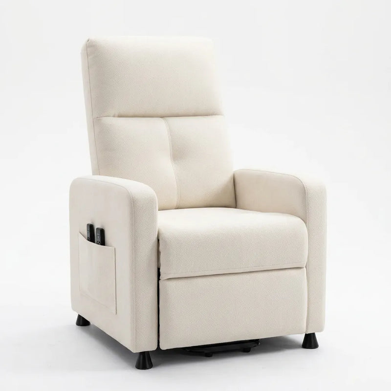 Fauteuil électrique beige en tissu aspect lin, panneau de commande sur l’accoudoir
