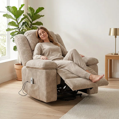 Fauteuil relaxant électrique beige clair, dossier inclinable et repose-pieds, télécommande filaire