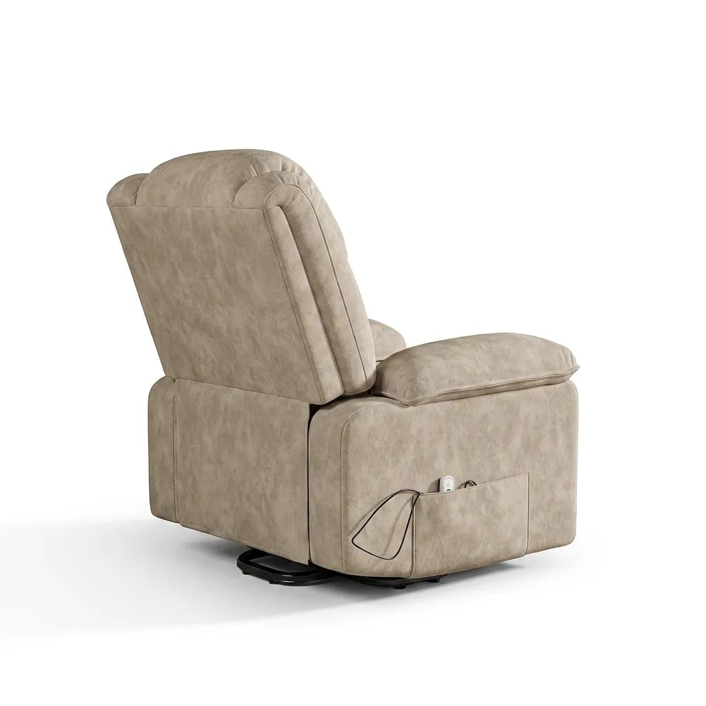 Fauteuil relaxant électrique beige clair, accoudoirs rembourrés, base avec mécanisme noir