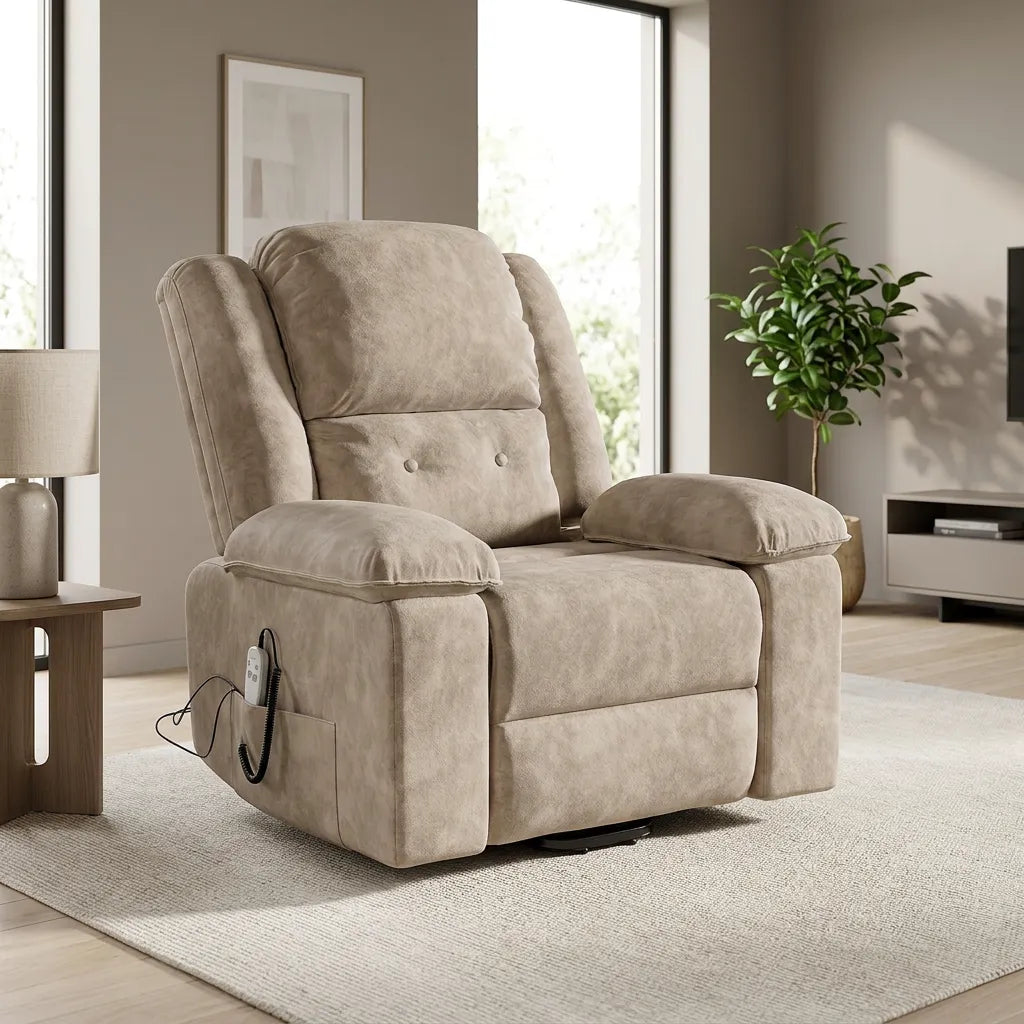 Fauteuil relaxant électrique beige clair, dossier haut, accoudoirs avec câble et télécommande