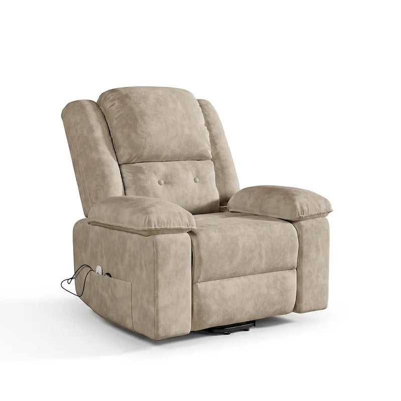 Fauteuil relaxant électrique beige clair, coutures capitonnées, poche latérale avec câble
