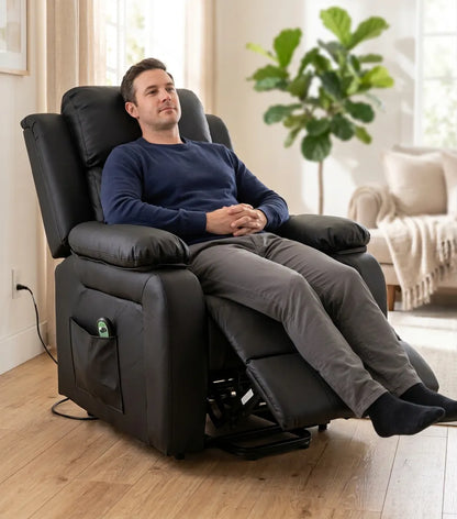 Fauteuil releveur électrique noir en simili, accoudoirs, repose-pieds relevable