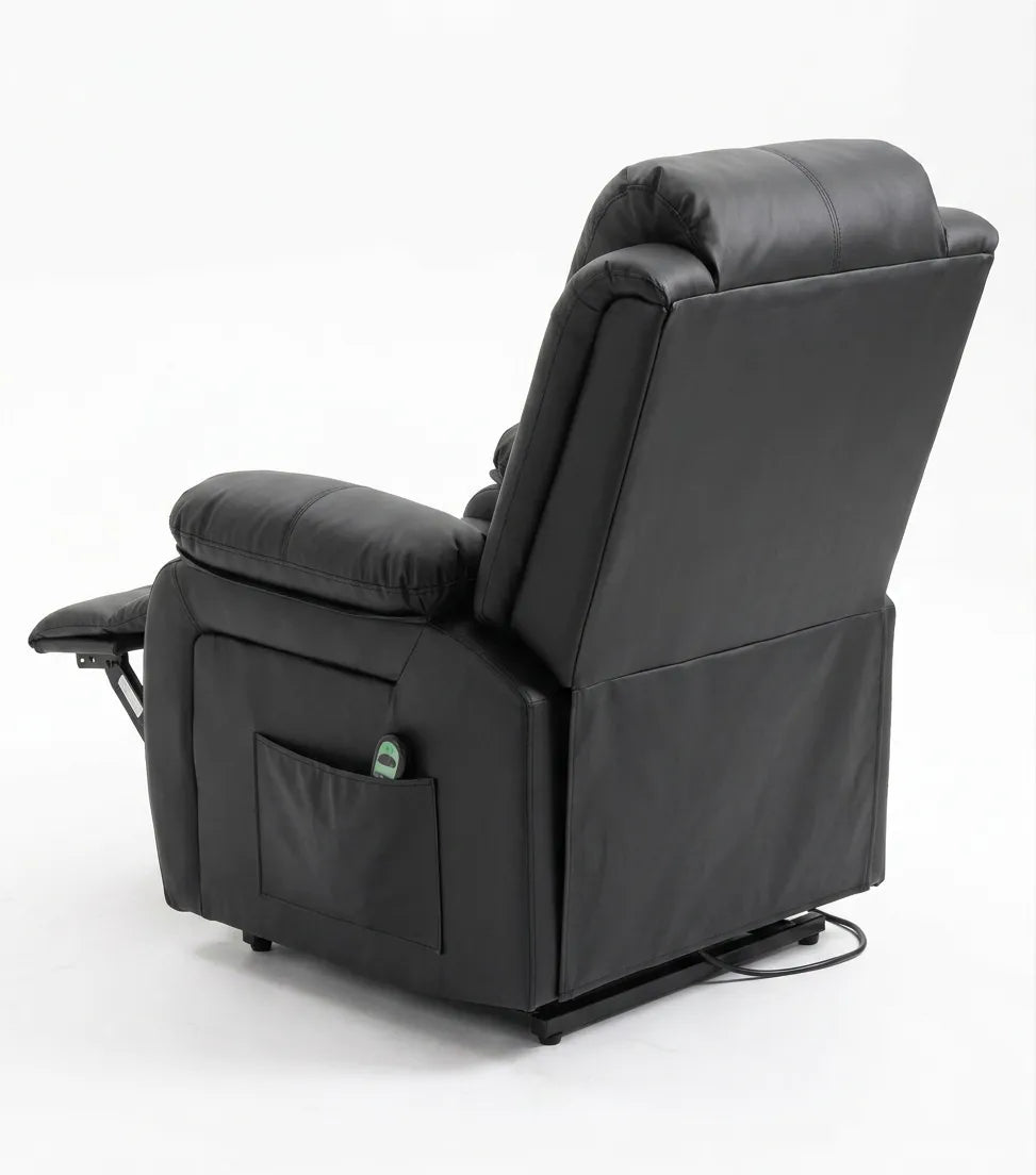 Fauteuil releveur électrique noir, dossier inclinable et appui-pieds relevable, côté avec poche