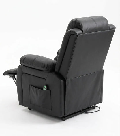 Fauteuil releveur électrique noir, dossier inclinable et appui-pieds relevable, côté avec poche