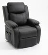 Fauteuil releveur électrique noir, grand dossier capitonné et accoudoirs, piètement