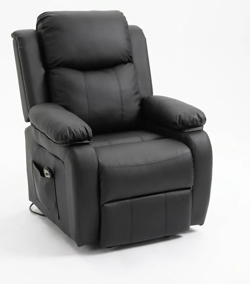 Fauteuil releveur électrique noir, grand dossier capitonné et accoudoirs, piètement