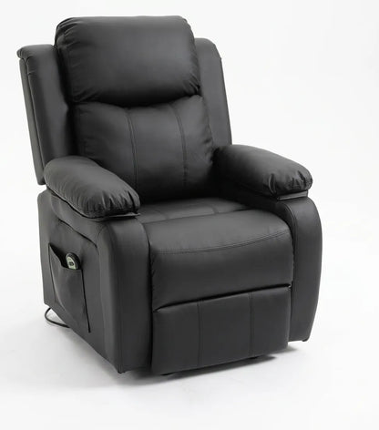 Fauteuil releveur électrique noir, grand dossier capitonné et accoudoirs, piètement