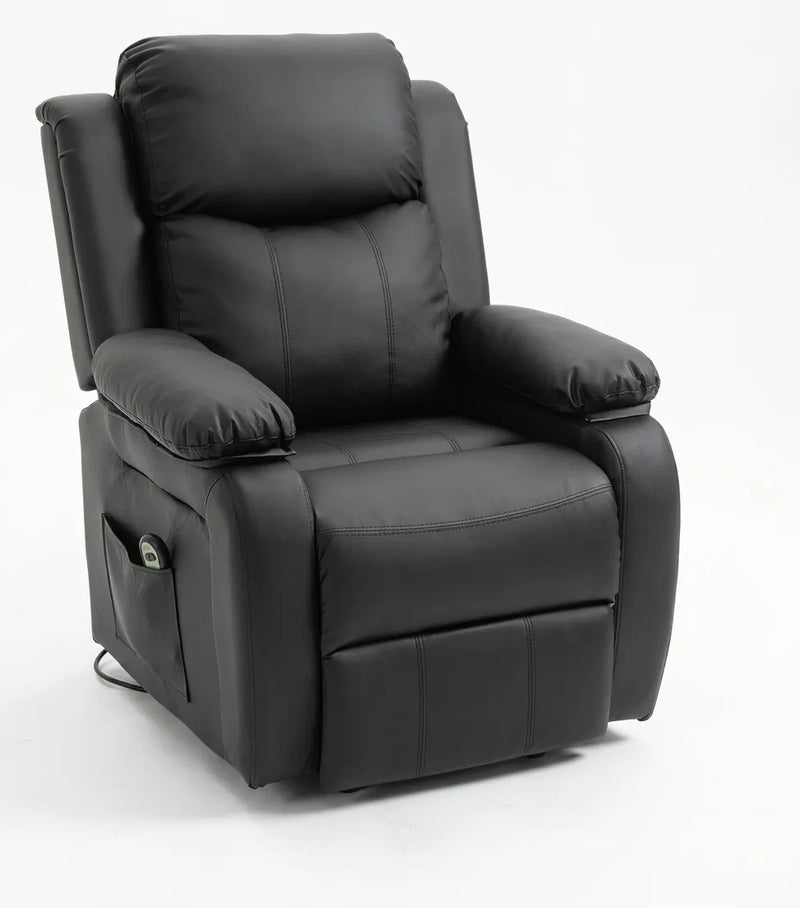 Fauteuil releveur électrique noir, grand dossier capitonné et accoudoirs, piètement