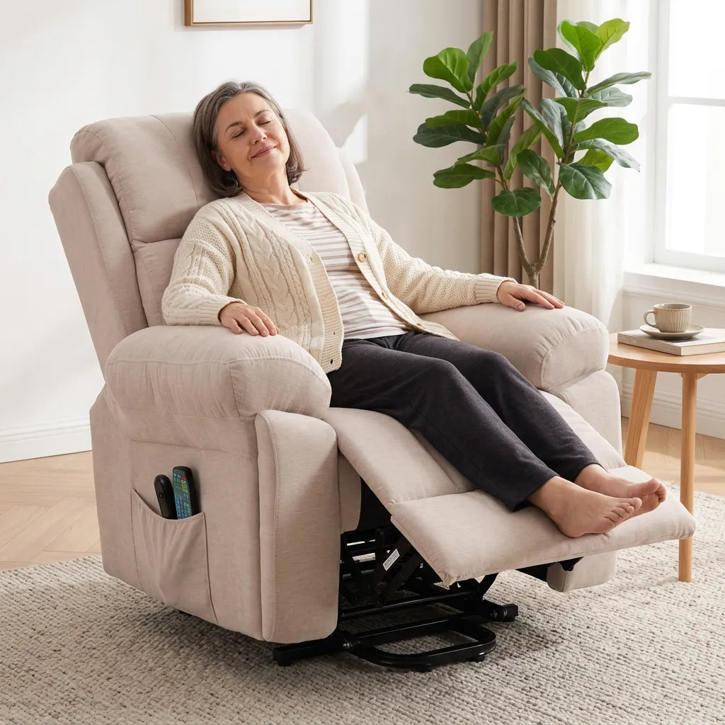 Fauteuil releveur électrique beige avec accoudoir et poche porte-commande, dossier inclinable
