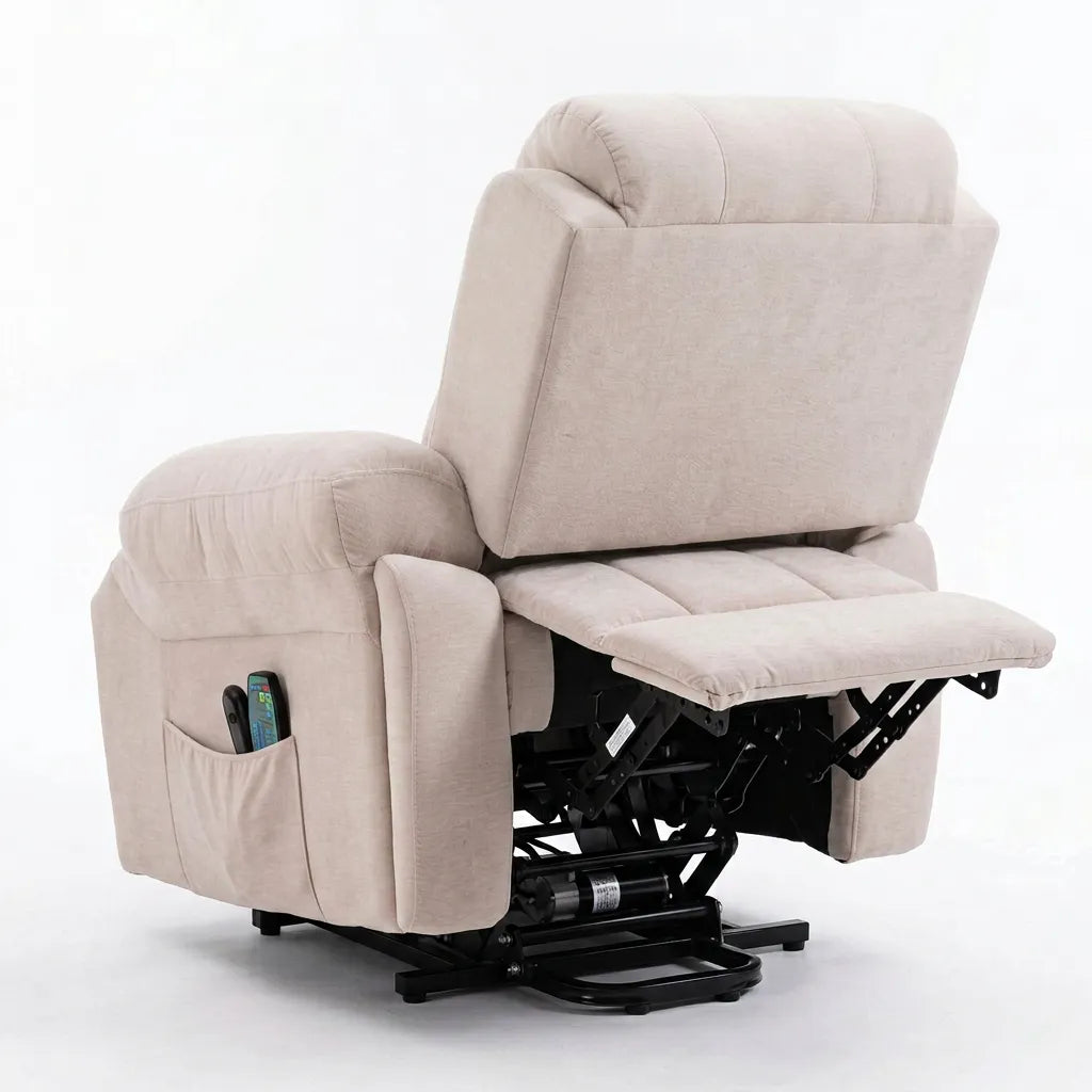 Fauteuil releveur électrique beige, dossier haut et assise relevée, commande latérale