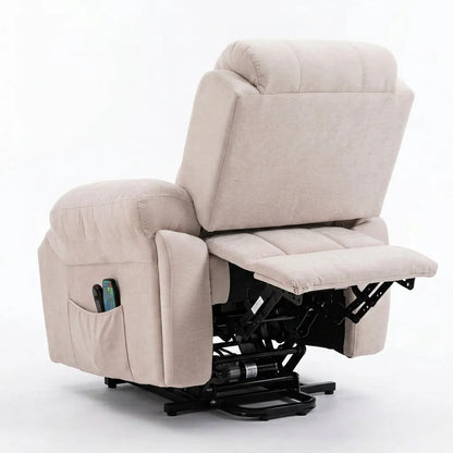Fauteuil releveur électrique beige, dossier haut et assise relevée, commande latérale