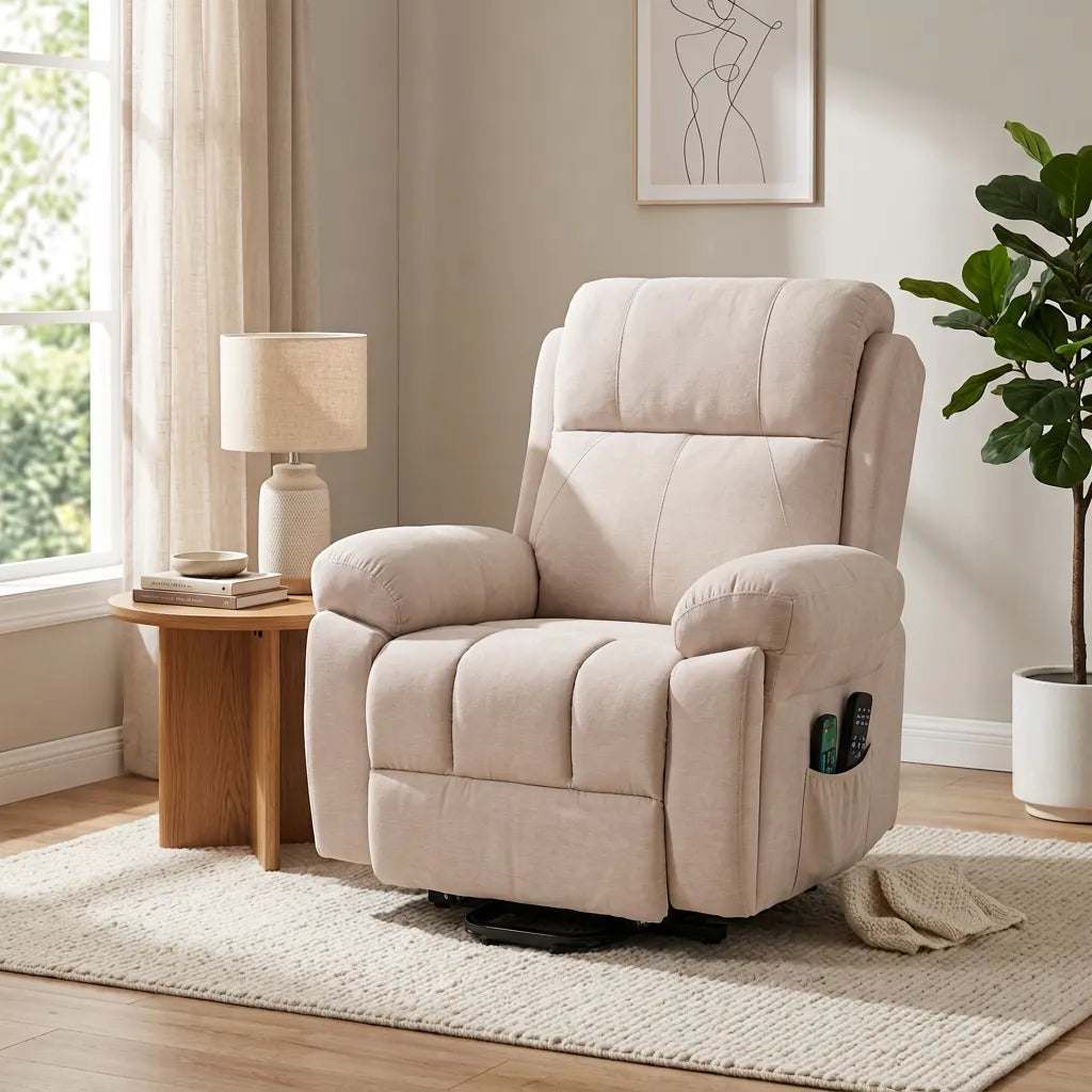 Fauteuil releveur électrique beige avec accoudoirs rembourrés et poches latérales
